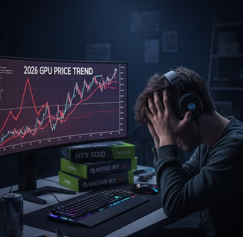 2026년 그래픽카드 가격 폭등 그래프를 보며 좌절하는 게이머의 모습