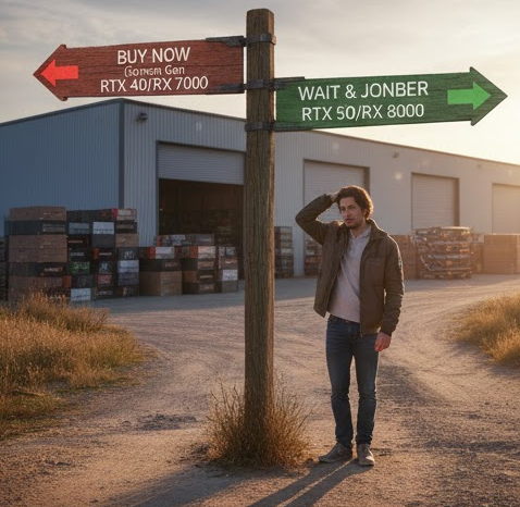 현세대 RTX 40 구매와 차세대 RTX 50 존버 사이에서 고민하는 갈림길 표지판