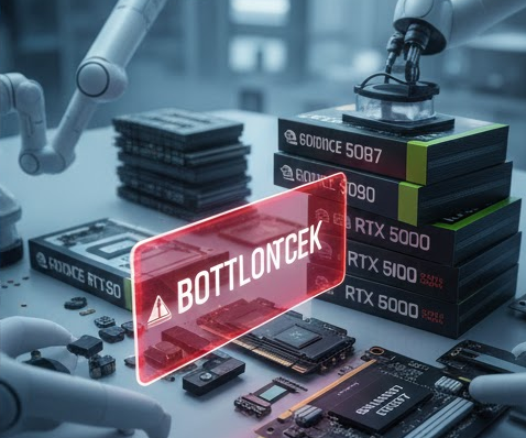 그래픽카드 부품 수급난과 병목 현상을 상징하는 반도체 칩과 경고 문구