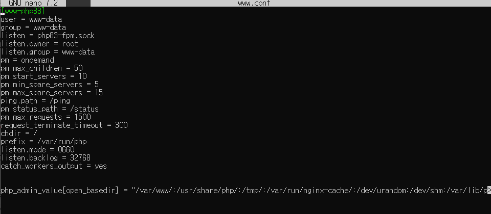 PHP-FPM 최적화 nano 에디터 화면 www.conf
