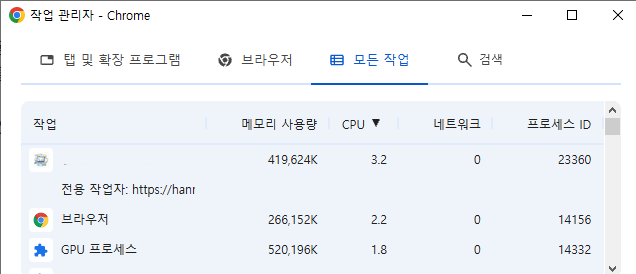 크롬 작업 관리자 프로세스 정리
